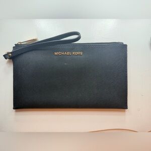 Michael Kors Black Leather Wristlet with Gold Hardware